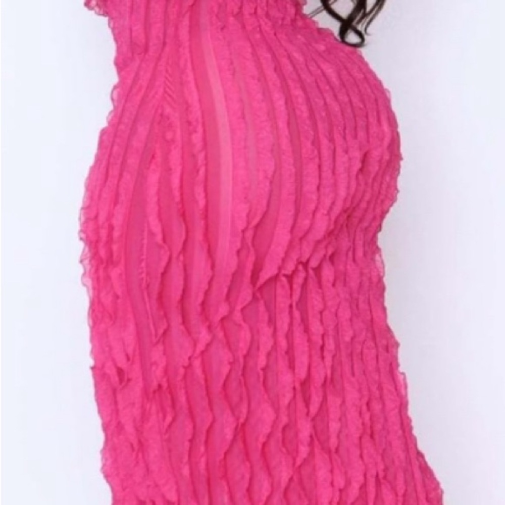 DRESS: Hot Pink Sheer Off Shoulder Ruffle Dress, NWOT - Picture 3 of 7